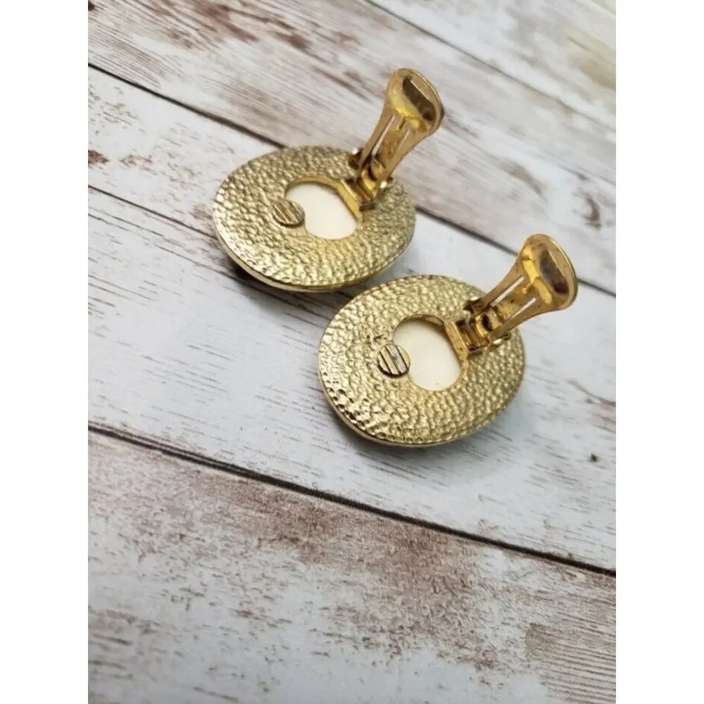 Vintage Clip On Earrings Statement Oval Shape Cream & Gold Tone Large
